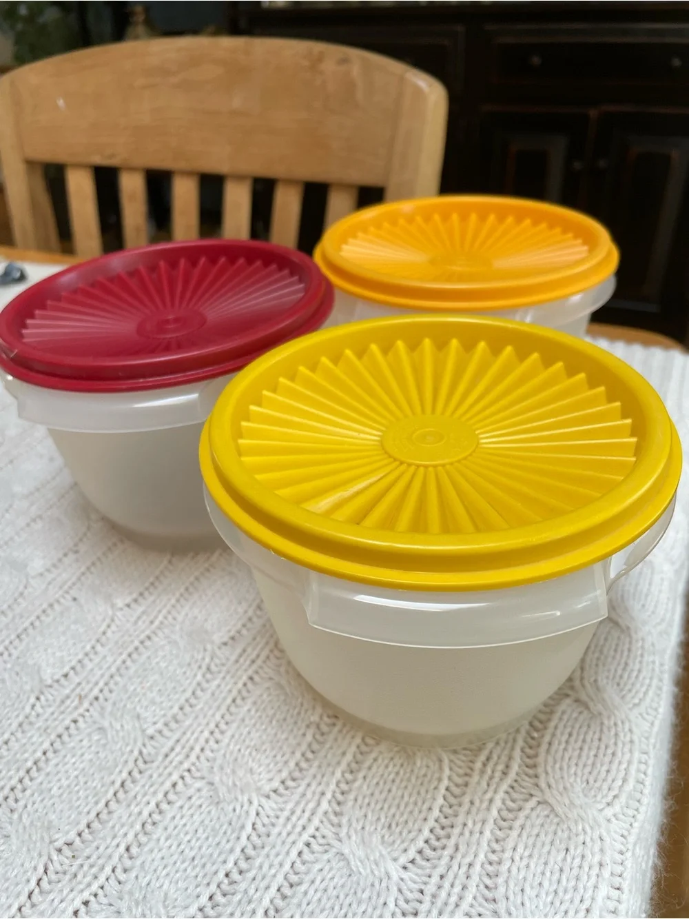 VTG Tupperware “Servalier” Bowls w/ sunburst Harvest Fall Lids - Set of 3